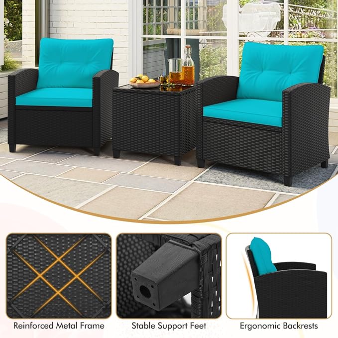RELAX4LIFE 3-Piece Patio Furniture Set - Wicker Rattan Bistro Sofa Set w/Glass Top Coffee Table, Washable Cushions for Porch Balcony Backyard Poolside, Outdoor Furniture Conversation Set (Turquoise)