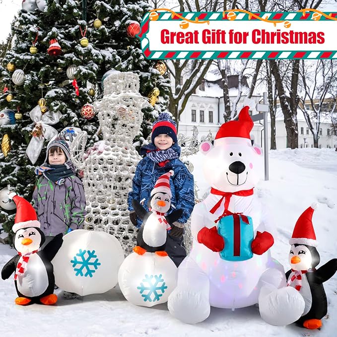 Inflatable Christmas Decorations, SHDEJTG 10FT Snowman Polar Bear Snowball Blow Up Christmas Decorations Outdoor with Colorful Rotating LED Lights, Giant Inflation for Xmas Indoor Lawn Garden
