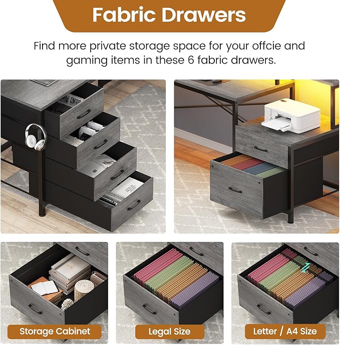 SEDETA L Shaped Desk with 6 Drawer, 108" Home Office Desk with File Drawer & Power Outlet, Corner Computer Desk with Monitor Shelf, Two Person Desk, Gaming Desk with Led Lights, Grey