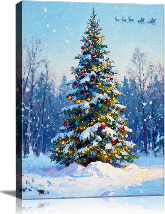 Snowy Christmas Tree Canvas Wall Art - Winter Wonderland Landscape Framed Canvas Prints for Home Office, Festive Christmas Wall Art Ready to Hang, Ideal Christmas Gifts & Holiday Decorations