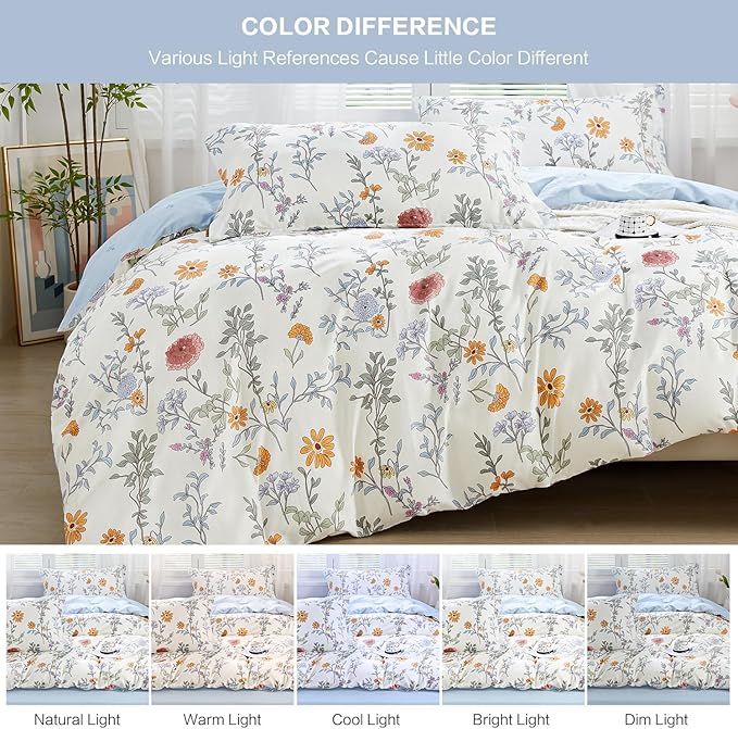 SAPHREAS Floral Duvet Cover Set 2pcs Twin Size Botanical Flower Leaves Pattern Bedding Comforter Cover Set 100% Cotton 1 Duvet Cover 68"x90" 1 Pillow Sham, Comforter Not Included