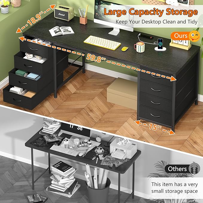 60 Inch Computer Desk with 8 Drawers, Home Office Desk with Power Outlets, Work Study Gaming Desk with 8 Fabric Drawers, Black