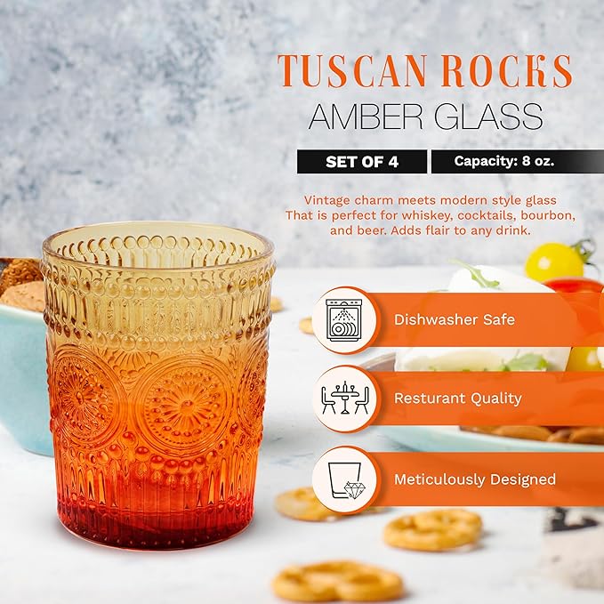IMPULSE! Tuscan Rocks Glass Set - Amber, Dishwasher Safe, Chic Vintage Style - 8 oz - Ideal for Gin, Mixed Cocktails, Bourbon, Margaritas, Soft Drinks, Beer, Water - Mexican Style Glasses - Set of 4