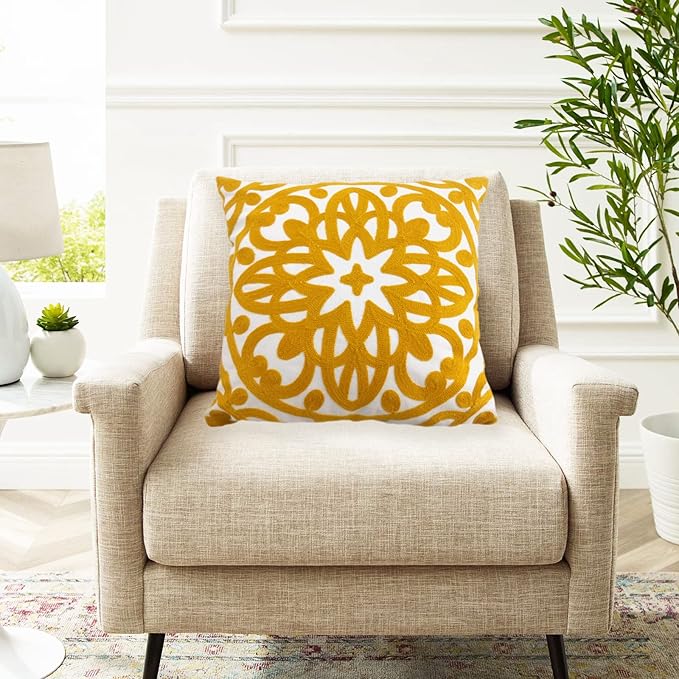 Alysheer Embroidered Decorative Throw Pillow Cover 18x18 inch, Cozy Warm Mandala Knit Pattern, Soft 100% Cotton Canvas Mustard Yellow Cushion Case for Sofa Couch Living Room Gifts (Gold)