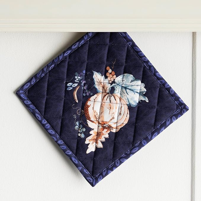 Maison d' Hermine Pot Holders Set 100% Cotton Heat Resistant Potholders 8" x 8" Hot Pads with Loop for Thanksgiving Christmas Decorations BBQ Baking Handling Hot Pans (Pack of 2, Pumpkin Blues)