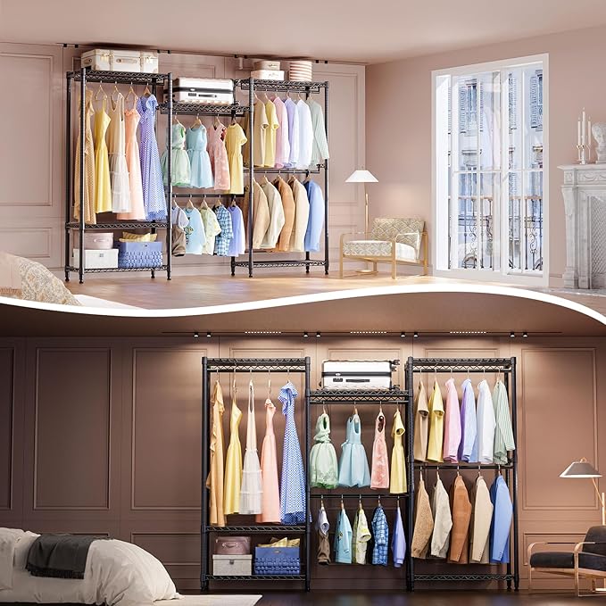 IZEUK Heavy Duty Garment Rack, Wardrobe Combination and Tall Dresser with Hanging Rack for Clothes with 5 Rods, Freestanding Adjustable Metal Closet Organizer, 15.7" D x 70.8" W x 76.5" H, Black