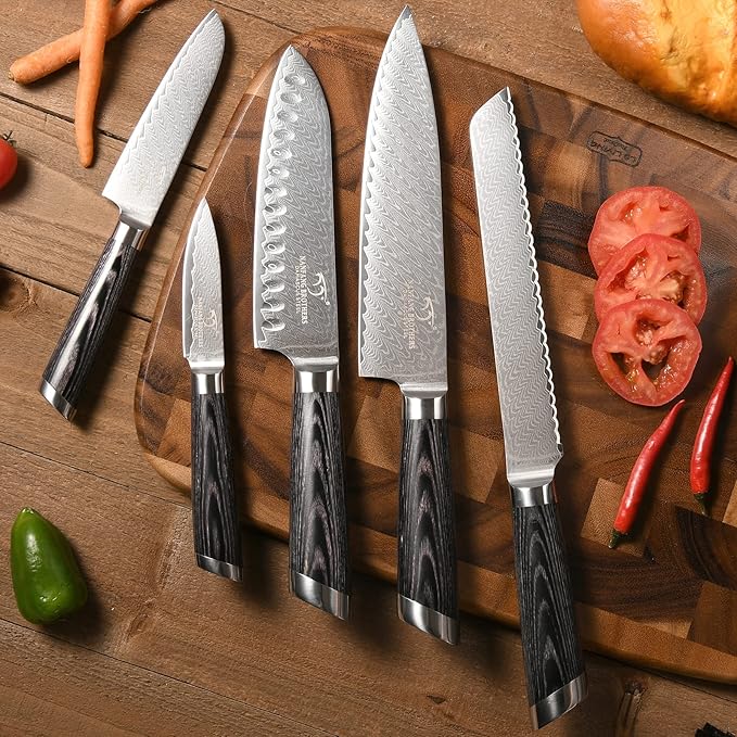 NANFANG BROTHERS Knife Set, 7-Piece Damascus Kitchen Knife Set with Block, ABS Ergonomic Handle for Chef Knife Set, Kitchen Shears, Knife Block Set