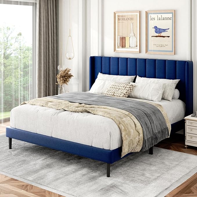 Queen Size Bed Frame with Upholstered Wingback Headboard, Easy Assemnly Platform Bed, Wooden Slat Support No Box Spring Needed, Navy Blue
