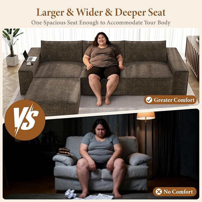 Vesgantti 114" Boneless Modular Sectional Sofa, Modern 3 Seater Couch with Ottoman & Deep Seat, Convertible Chenille L Shaped Cloud Couches for Living Room, No Assembly Required, Dark Brown