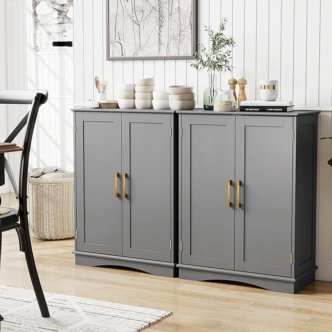 Tangkula Bathroom Floor Storage Cabinet, 31.5" H Freestanding Pantry Cabinet with 2 Doors and Adjustable Shelves, Kitchen Cupboard for Living Room, Dining Room, Bathroom (Gray, 31.5" H)