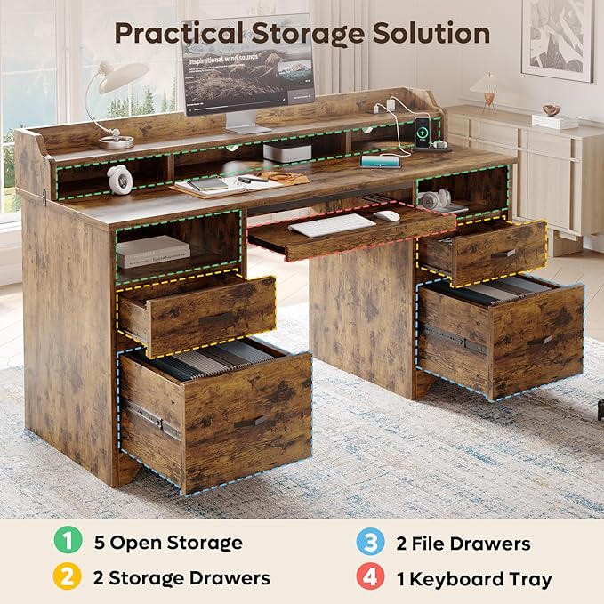 Bestier Farmhouse 59" Executive Desk with Drawers, Wood Computer Desk with Charging Station, Home Office Desk with Keyboard Tray & Monitor Stand, Sturdy Pedestal Desk for Work Study, Rustic Brown