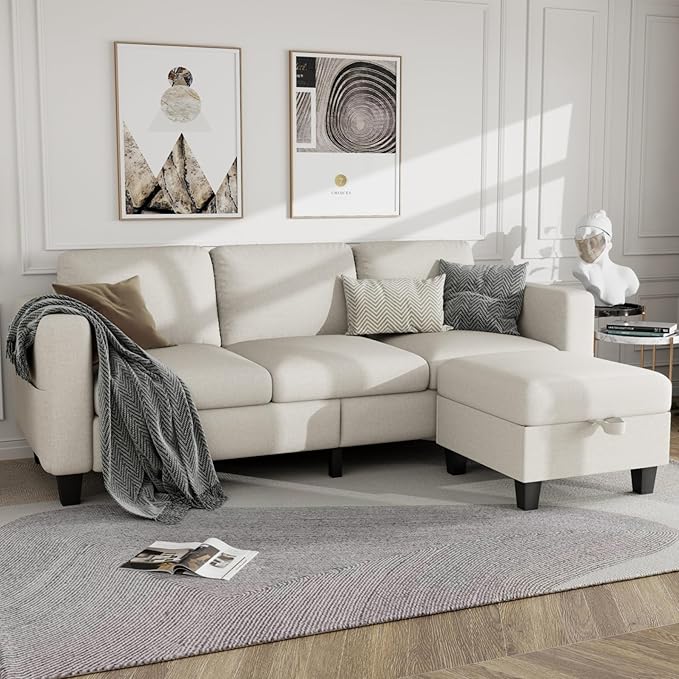 Sectional Sofa Couches for Living Room - L Shaped Cloud Couch-Small Modular 3 Seat-Comfy Linen with Storage Deep Seat Sofa,Washable Covers-Suitable for Living Room-Apartment-Office-Beige