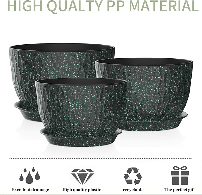 12/10/9 Inch Plant Pots, 3 Pack Large Flower Pots for Indoor and Outdoor Plants with Water Ripples, Large Plastic Flower Pots with Drainage Holes and Tray for Garden Indoor Plants
