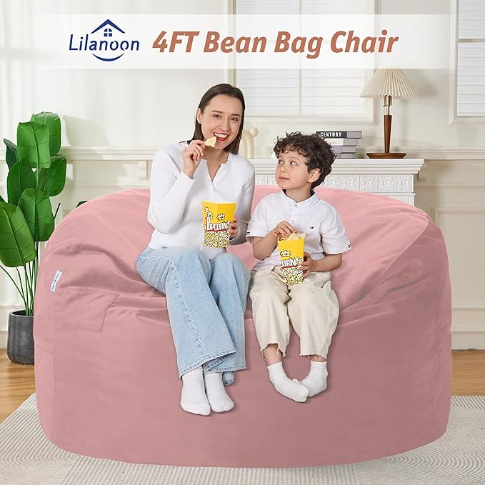 4FT Bean Bag Chair with Ultra Soft Velvet Cover Bean Bag Sofa with Memory Foam Bean Bag Chairs with Large Size Lazy Sofa for Dorm Office Living Room Bedroom Dusty Pink 4'