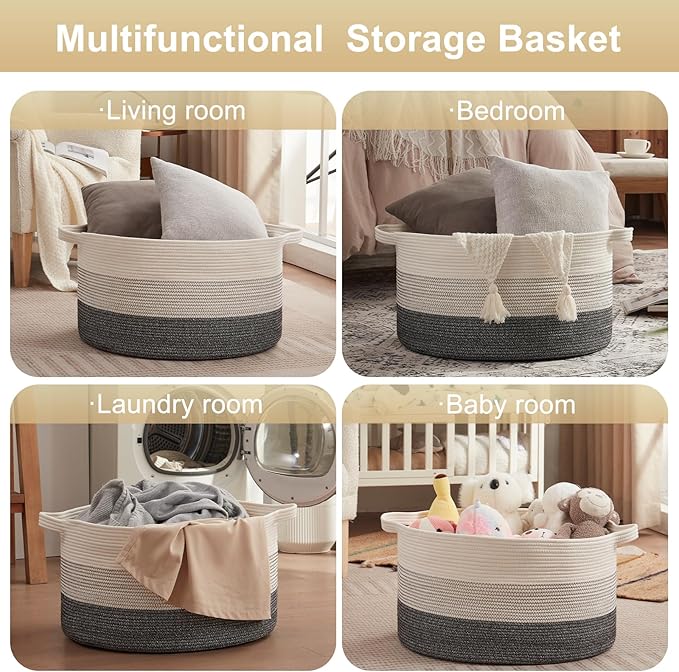 OIAHOMY Extra Large Storage Basket, 23" x 13" Woven Blanket Storage for Living Room, Round Laundry Basket for Pillow-Black and White