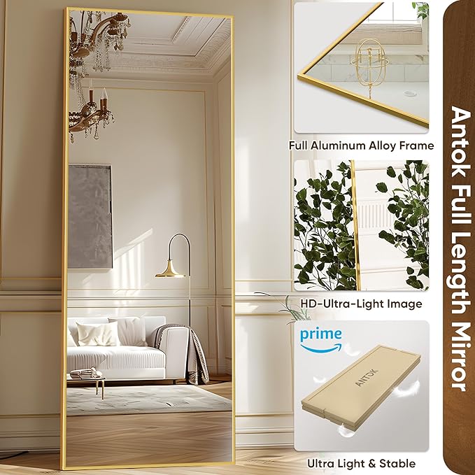 Antok Full Length Mirror, 58"x18" Floor Mirror with Stand, Hanging Mounted Mirrors for Bedroom, Living Room, Cloakroom, Dining Room, Gold, Rect