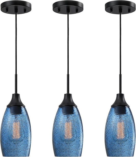 Mini Glass Pendant Light,4.72" Dark Blue Glass Hanging Light 3-Pack Handblown Clear Blue Seeded Shade Adjustable Cord Ceiling Light Fixture for Kitchen Island Sink