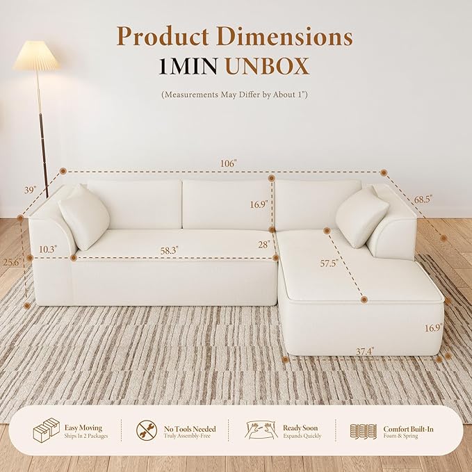 Vesgantti 106" Boneless Couch with Chaise, Deep Seat Cloud Sofa Sectional, Chenille Memory Foam Modular Couches for Living Room, No Assembly Required (Creamy Beige, Right-Facing Chaise)