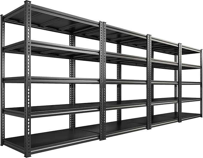 REIBII 72" H Garage Shelving Load 2500 LBS, Heavy Duty Storage Shelves, 5-Tier Adjustable Garage Shelves for Warehouse, Basement, 72" H x36 W x18 D, Black, 4 Pack