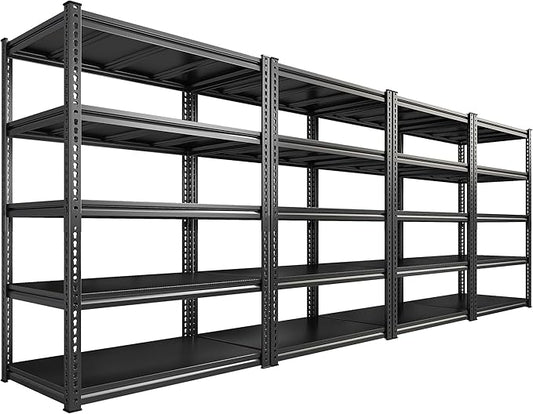 REIBII 72" H Garage Shelving Load 2500 LBS, Heavy Duty Storage Shelves, 5-Tier Adjustable Garage Shelves for Warehouse, Basement, 72" H x36 W x18 D, Black, 4 Pack