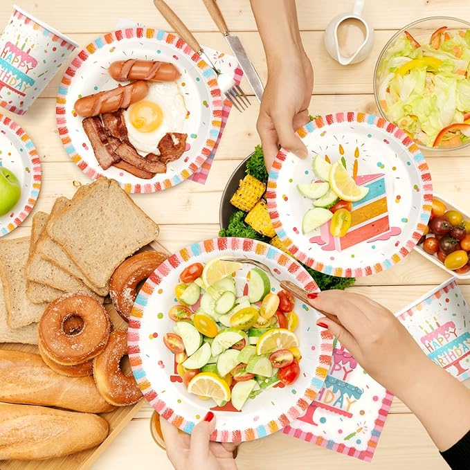 100pcs Birthday Party Plates Disposable Tableware Set Birthday Cake Pattern for 25 Guests Kid's Party Table Supplies（Include Plates, Cups and Napkins）