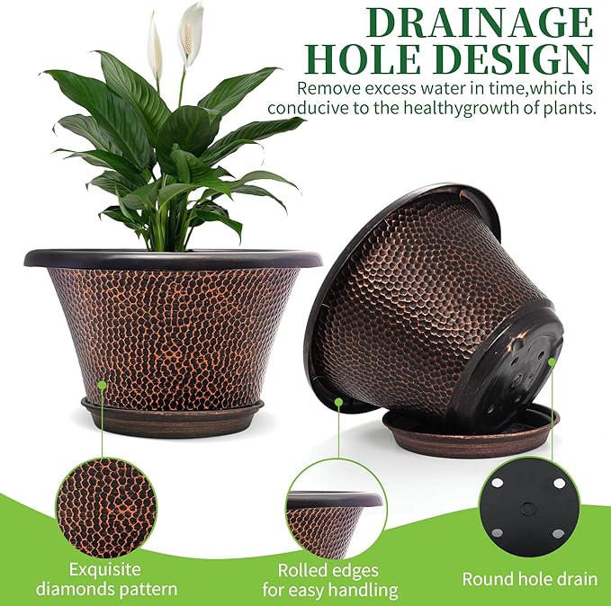 Quarut 12 Inch Pots for Plants,4 Pack Large Flower Pots with Drainage Hole & Saucer,Modern Planters for Indoor Outdoor Plants,Decorative Resin Garden Pots Brown