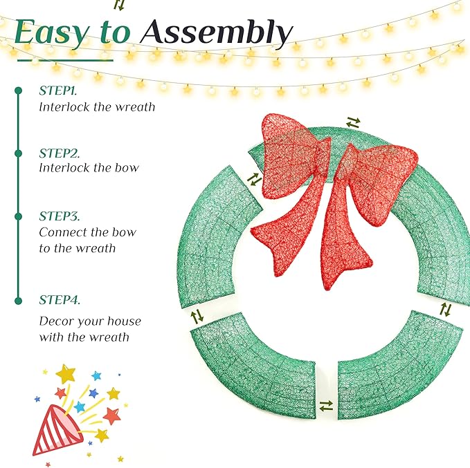 Sweetcrispy 48in Pre-Lit Christmas Wreath, LED Lighted Holiday Outdoor Decoration with Bow for Door, Mantel, Wall, Windows, Front Door Decor, Green Wreath - Red Bow