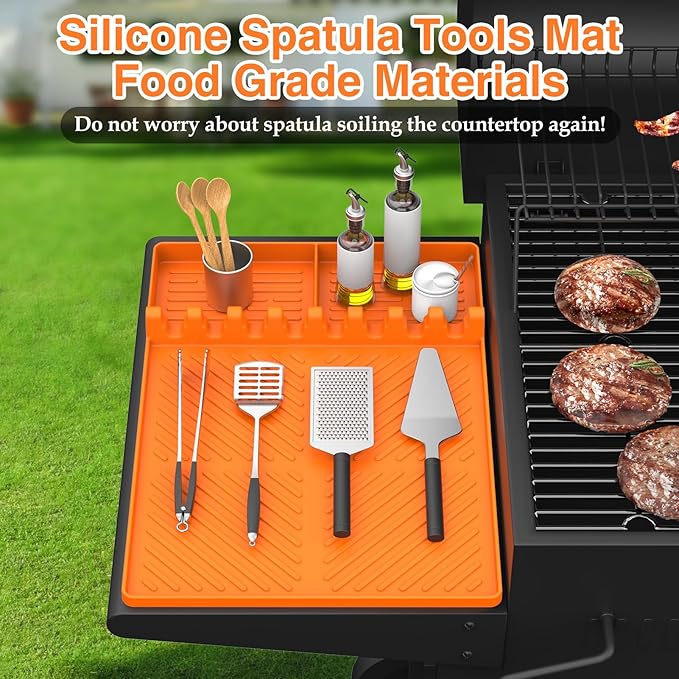 Silicone Griddle Tools Mat for Blackstone, Griddle Accessories Side Shelf Mat Grill Pad for Outdoor Grill Kitchen Counter Spatula Silicone Mat with Drip Pad (Orange (2Packs))