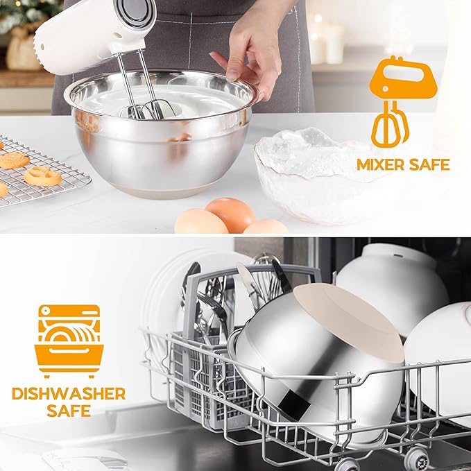 Mixing Bowls with Lids Set of 6, Large Metal Nesting Mixing Bowls, Stainless Steel Non-Slip Salad Bowl Khaki – Size 1, 1.5, 2, 2.6, 3.5, 7QT