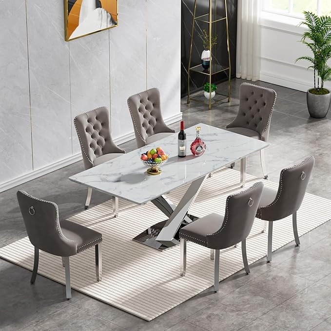 Goujxcy 70" Faux Marble Dining Table Set for 6, 7-Piece Dining Set with White Silver Kitchen Table and 6 Velvet Tufted Chairs, Modern Rectangular Dining Room Table with X-Shape Stainless Steel Base