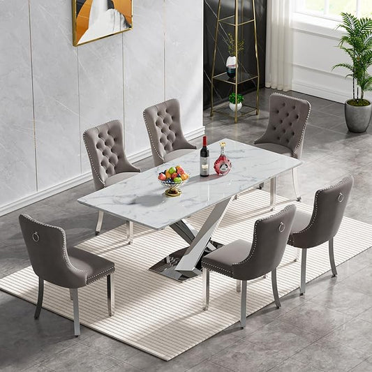 Goujxcy 70" Faux Marble Dining Table Set for 6, 7-Piece Dining Set with White Silver Kitchen Table and 6 Velvet Tufted Chairs, Modern Rectangular Dining Room Table with X-Shape Stainless Steel Base