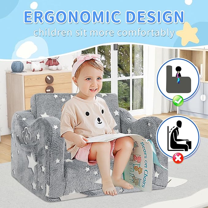 Kids Couch for Toddlers, 2-in-1 Kids Sofa Toddler Couch Chair Glow in The Dark, Comfy Soft Foldable Kid Chair for Girls and Boys