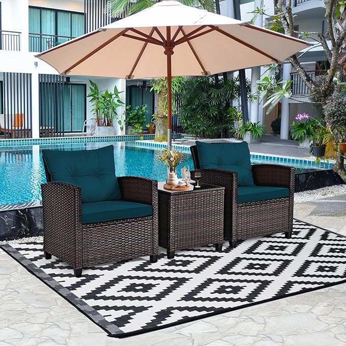 Tangkula 3 Pieces Patio Furniture Set, PE Rattan Wicker 3 Pcs Outdoor Sofa Set w/Washable Cushion and Tempered Glass Tabletop, Conversation Furniture for Garden Poolside Balcony (Prussian Blue)