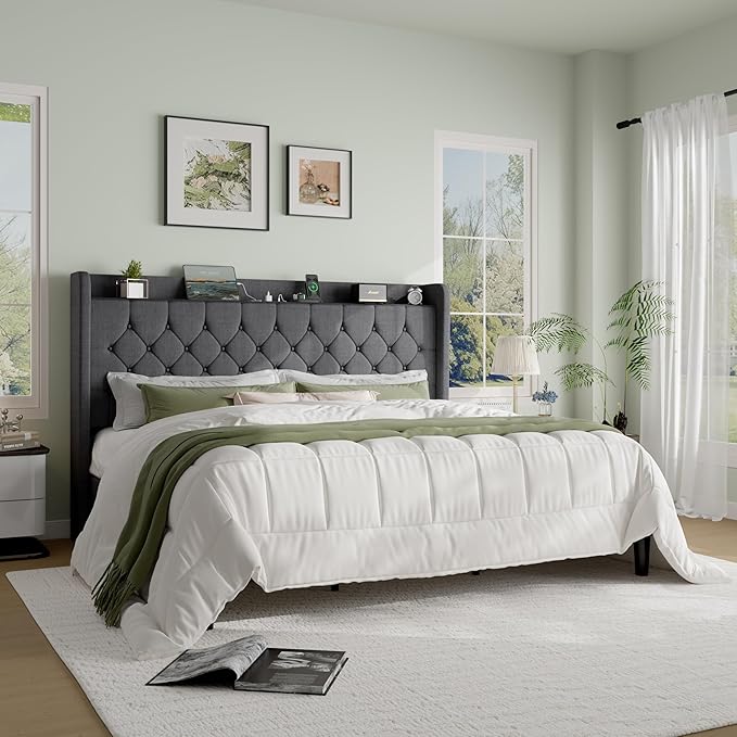 SHA CERLIN King Size Platform Bed Frame with Charging Station, Velvet Wingback Headboard with Storage Shelf, Wooden Slats Support, Ample Under-Bed Space, No Box Spring Needed, Easy Assembly, Dark Grey