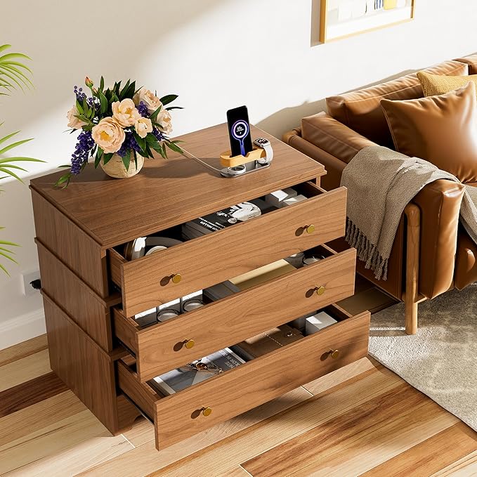 3 Drawer Nightstand with Charging Station, 28" Farmhouse Night Stand & Modern 3 Drawer Dresser for Bedroom,Wood Nightstands Storage Cabinet for Living Room, Hallway, Entryway, Home Office, Brown