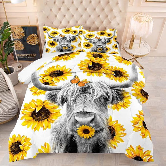 Tailor Shop Highland Cow Bedding Set Full Size ，Farmhouse Sunflower Highland Cattle Wild Animal 3D Print Comforter 3 Pcs Sets,with 1 Comforter 2 Pillowcases……