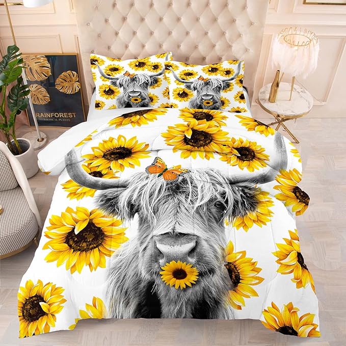 Tailor Shop Highland Cow Bedding Set King Size ，Farmhouse Sunflower Highland Cattle Wild Animal 3D Print Comforter 3 Pcs Sets,with 1 Comforter 2 Pillowcases……