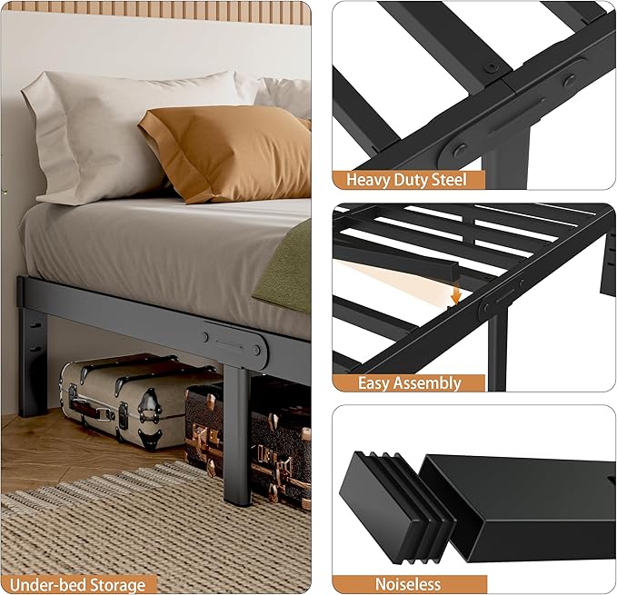 Full Size Bed Frame 12 Inch, Black Metal Full Bed Frame No Box Spring Needed, DIY Headboard Holes, Heavy Duty Steel Support 3500 LBS, Noiseless, Round Corner Legs, Storage Space, Easy Assembly