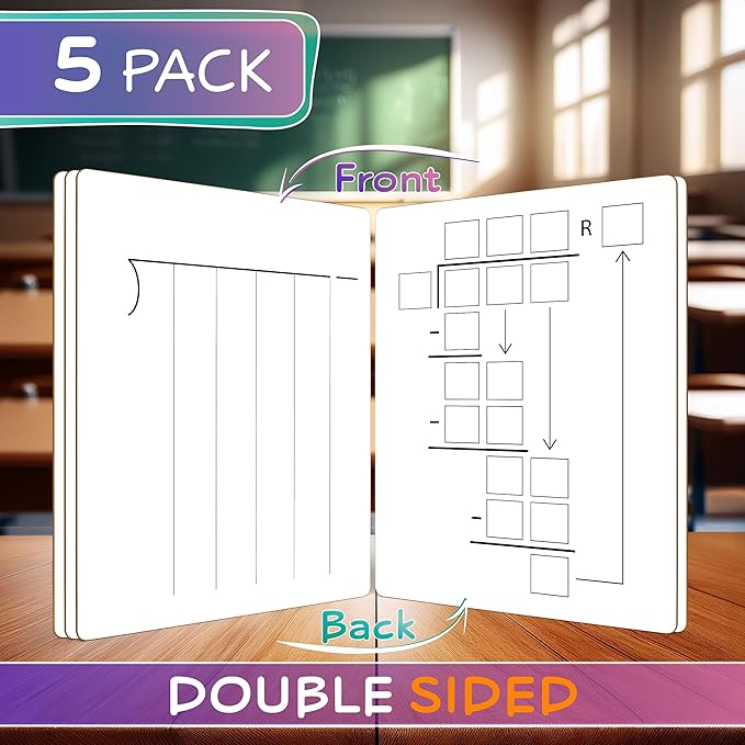 SCRIBBLEDO 5 Pack Dry Erase Division White Boards 9x12Inch Lapboard Double Sided Math Manipulatives Long Division Practice Lapboards for Kids Students, Classroom and Home 5 Whiteboard Erasers Included