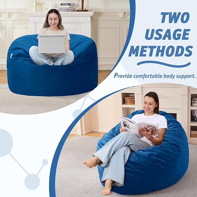 3FT Bean Bag Chair with Ultra Soft Velvet Cover Bean Bag Sofa with Memory Foam Bean Bag Chairs with Large Size Lazy Sofa for Dorm Office Living Room Bedroom Blue 3'