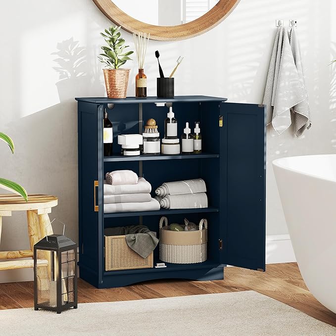 Tangkula Bathroom Floor Storage Cabinet, 31.5" H Freestanding Pantry Cabinet with 2 Doors and Adjustable Shelves, Kitchen Cupboard for Living Room, Dining Room, Bathroom (Navy Blue, 31.5" H)