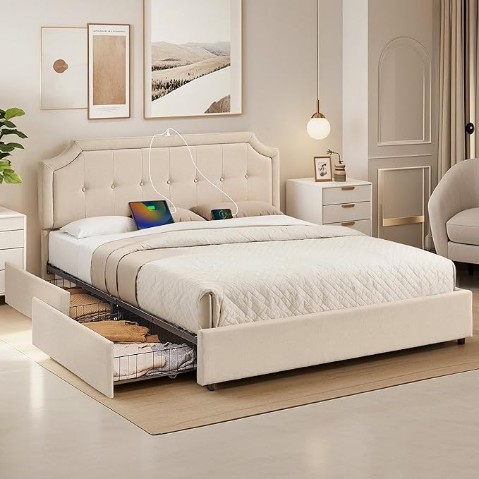 VECELO Queen Size Platform Bed Frame with 4 Storage Drawers,Fabric Upholstered Headboard and Wooden Slats Support,Built-in USB and Type C Ports, No Box Spring Needed,Easy Assembly