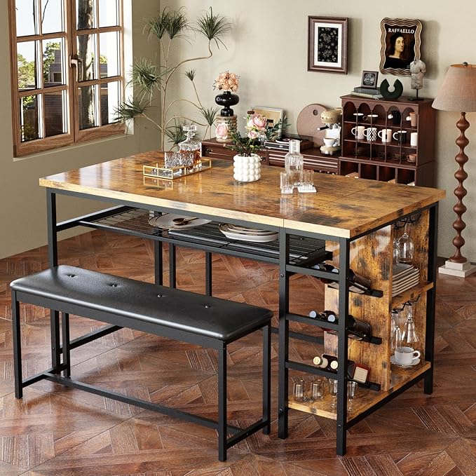 AWQM Space Saving Dining Table Set for 2-4 People, 53" Kitchen Table with 2 Upholstered Bench, Dinner Table with Wine Rack Glass Holder and Storage Shelf, 3-Piece Dinette Table for Small Apartment