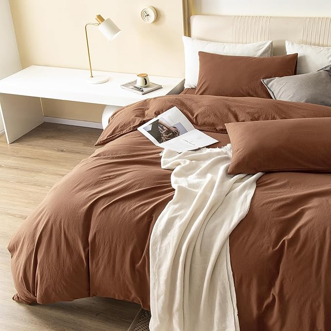 JIYUAN 100% Washed Cotton Duvet Cover Set 2 Pieces Twin, 1 Duvet Cover 68x90 Inches(Comforter Not Included) and 1 Pillowcases,Linen Feel Bedding Set Comfy and Breathable,Burnt Orange