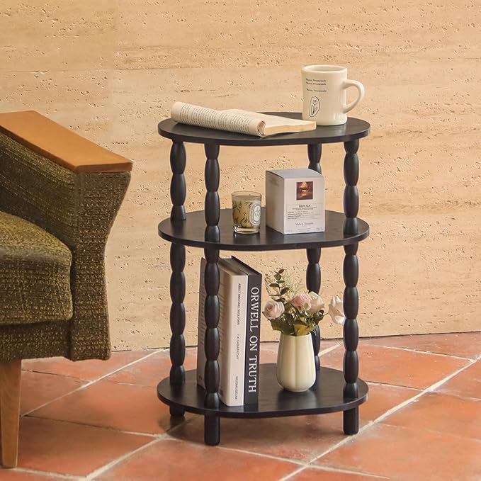 MaxSmeo Black Side Table, 3-Tier Small Oval End Table, Modern Night Stand Wood Accent Table for Living Room, Bedroom, Black