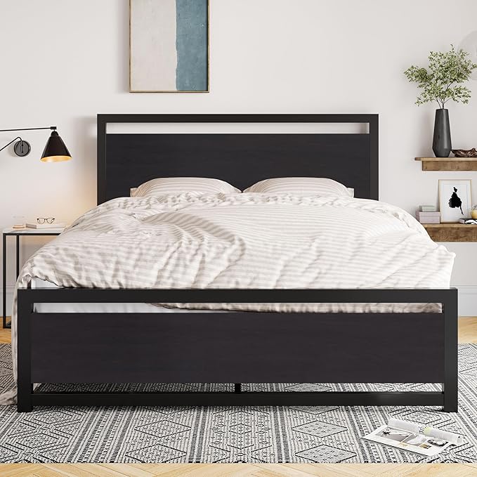 Allewie Full Bed Frame with Headboard, Heavy Duty Metal Platform Base with Strong Support, Underneath Storage Space, Stable Mattress Foundation, No Box Spring Needed, Black