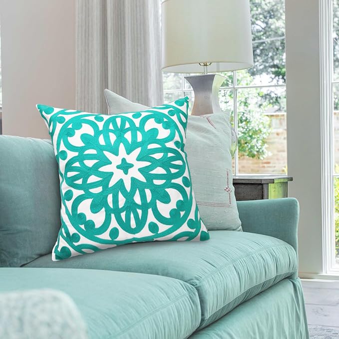 Alysheer Embroidered Decorative Throw Pillow Cover 18" x 18", Classic Modern Stylish Mandala Turquoise Embroidery Patterned Cotton Aqua Green Cushion Case for Sofa Couch Bed Living Room Decor