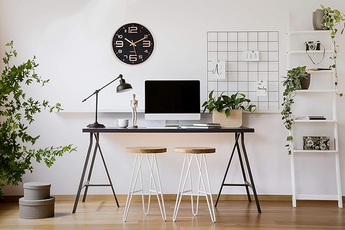 Bernhard Products Black Wall Clock - 12 Inch Rose Gold Silent Non Ticking Quality Quartz Battery Operated Easy to Read Decorative Modern Design for Home/Office/Kitchen/Bedroom/Living Room