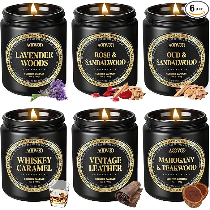 AOOVOO Scented Candles Gift Set - 6 Pack Men Candles for Home Scented, 42 oz Soy Candle for Men, 300 Hour Long Lasting Candle Set for Birthday, Father's Day, Valentine, Christmas, Anniversary