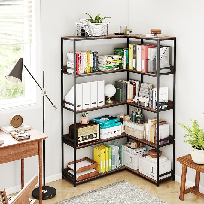 Tangkula Large Corner Bookshelf, 90 Degrees 5-Tier Industrial Wood Open Corner Bookcase for Small Spaces, Heavy-Duty Metal Frame, 71”H L-Shaped Storage Display Rack for Living Room (Rustic Brown)
